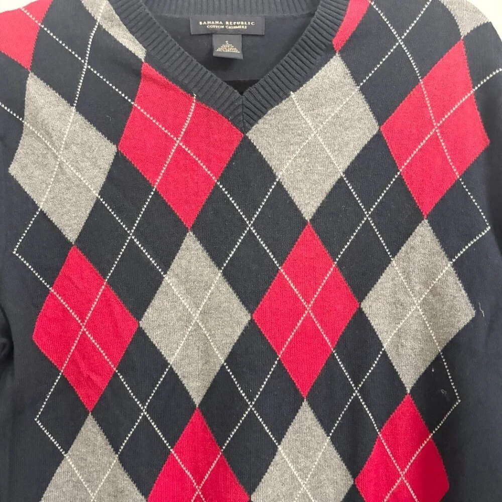 EUC Banana Republic Cashmere & Cottom V Neck Argyle Long Sleeve Sweater - Small